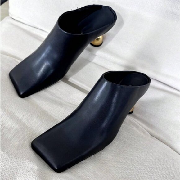 Women's Gold metal Heel Square Toe Slip-On High Heels Mules Shoes Black - Picture 3 of 4